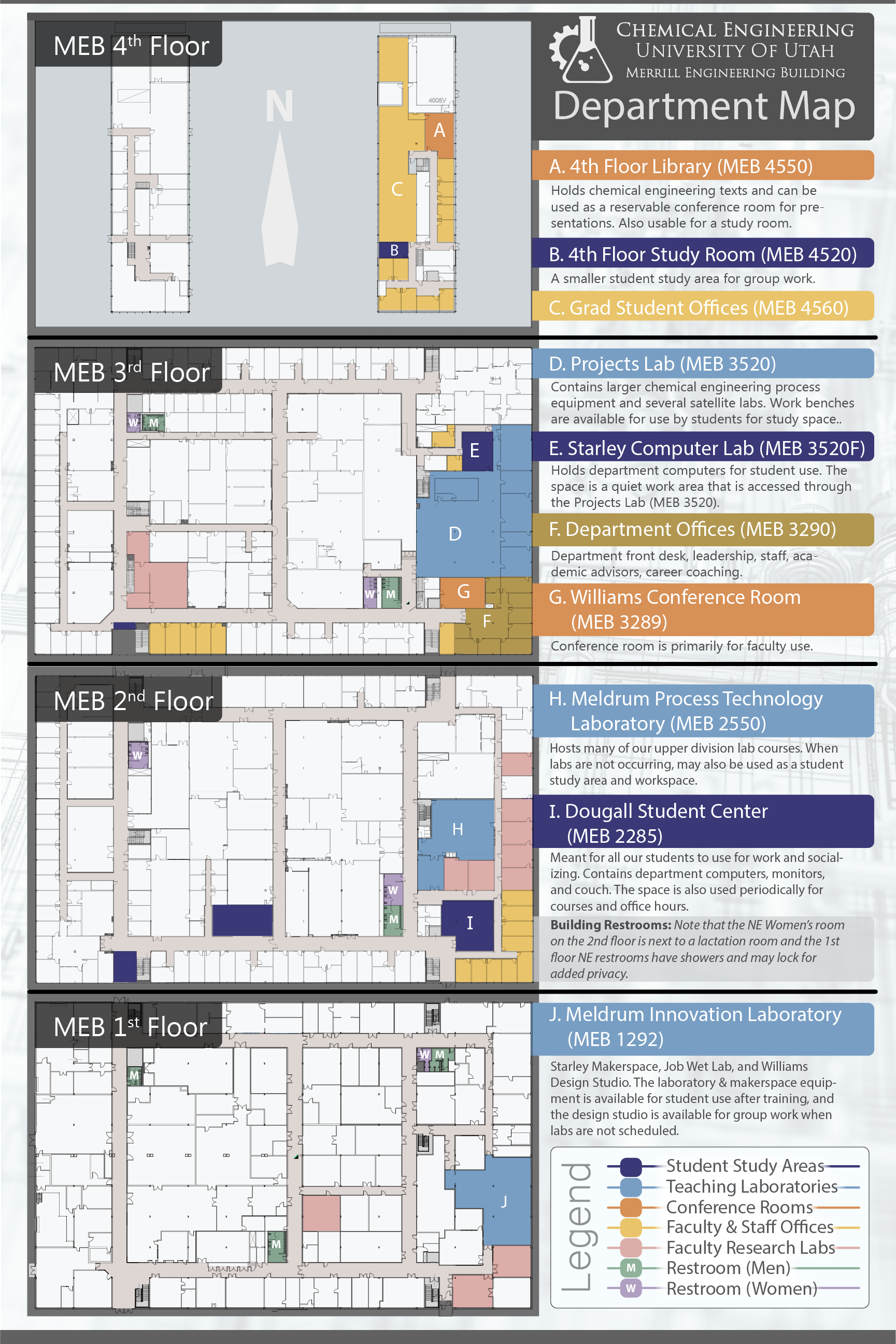 Map of the Merrill Engineering Building's four floors with room numbers